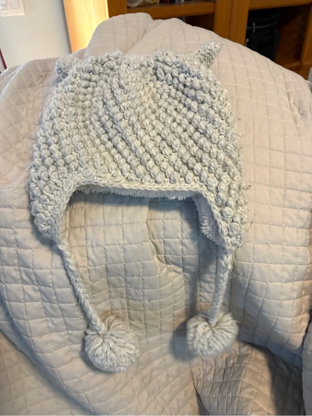 Kids Plush Earflap Knit Hat with ear Pom Poms - Light grey